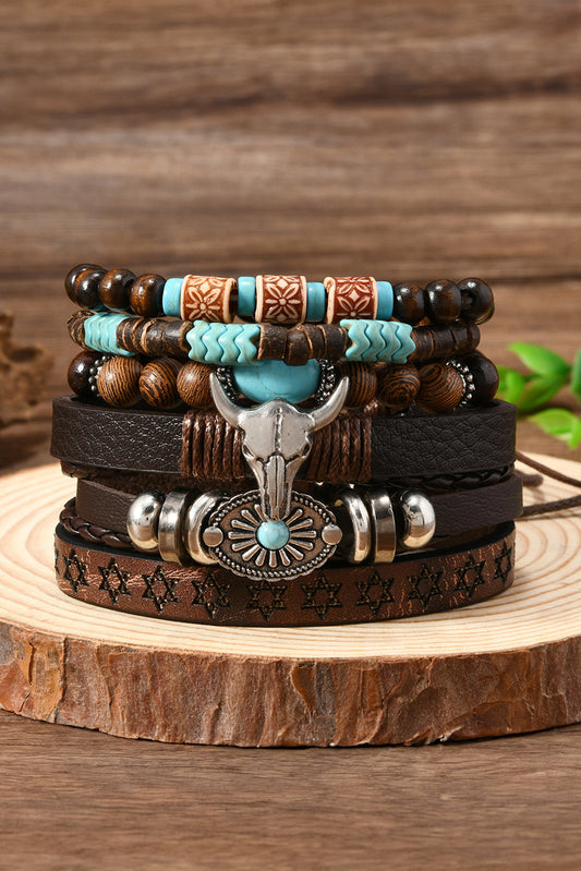 Chestnut Bull Skull Turquoise Beaded Bracelet Set