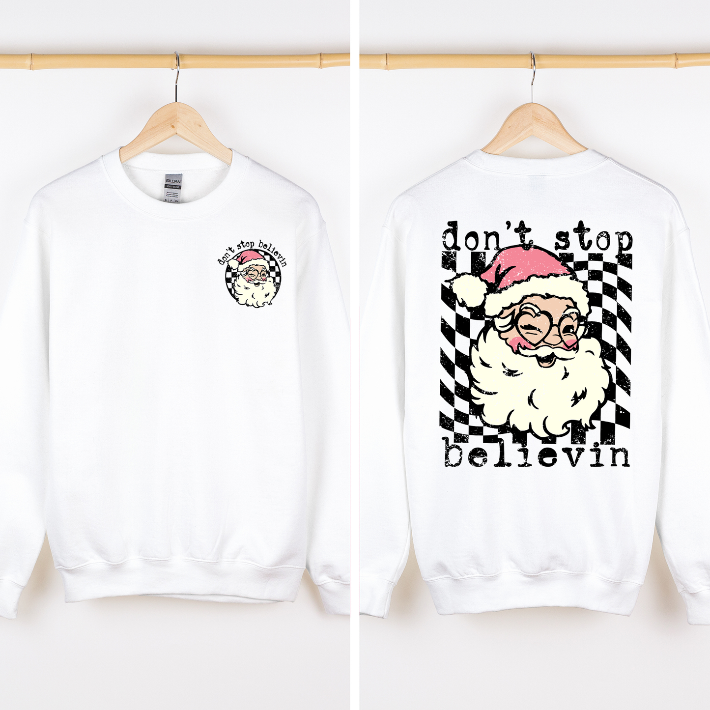 Don't Stop Believin, Santa, Christmas, Checkered, Vintage, Cute, Front and Back Sweatshirt