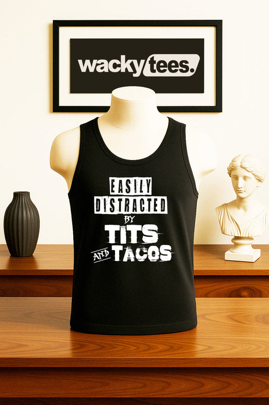 Easily Distracted By Tits and Tacos Adult Humor Funny Graphic Tee Shirt