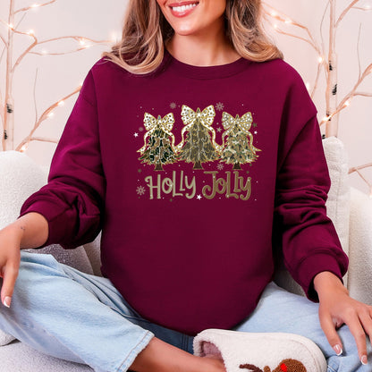 Holly Jolly, Camo Christmas Tree, Santa, Ribbons, Bows Sweatshirt
