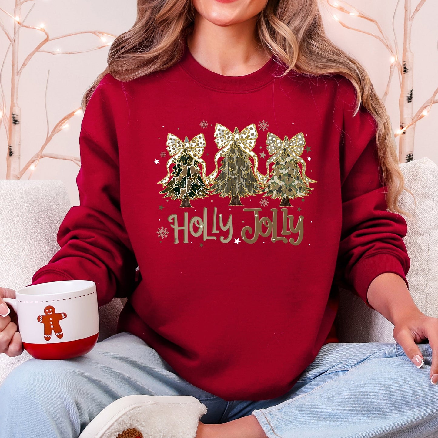Holly Jolly, Camo Christmas Tree, Santa, Ribbons, Bows Sweatshirt