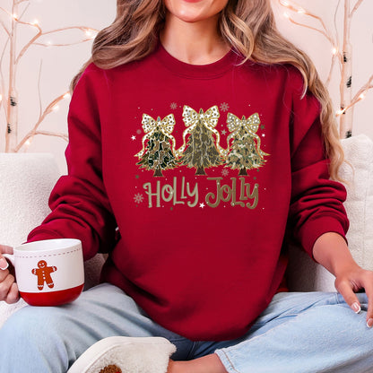 Holly Jolly, Camo Christmas Tree, Santa, Ribbons, Bows Sweatshirt