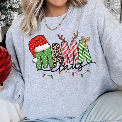 Mama Claus, Santa, Plaid, Leopard Print, Christmas Sweatshirt