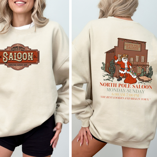 North Pole Saloon, Christmas Party, Santa, Funny, Front and Back Sweatshirt