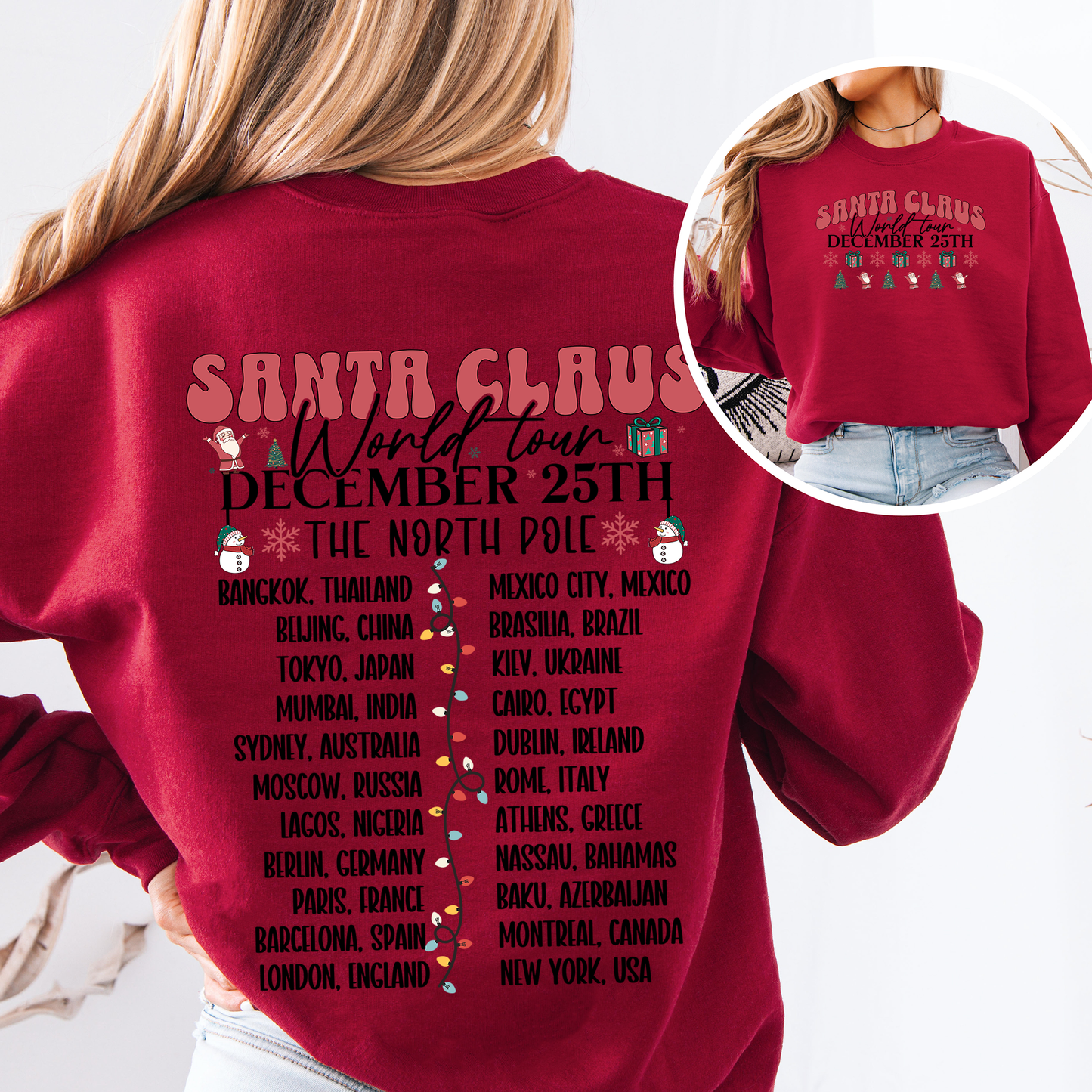 Santa Claus, World Tour, The North Pole, Christmas, Retro, Band, Front and Back Sweatshirt