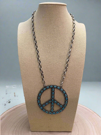 Western Faux Turquoise Peace Necklace - 22 inch