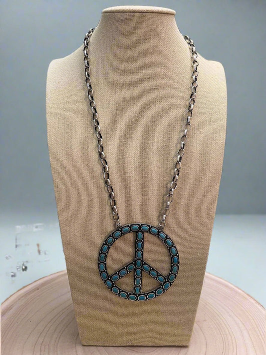 Western Faux Turquoise Peace Necklace - 22 inch