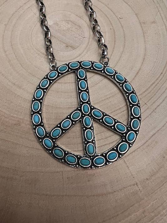 Western Faux Turquoise Peace Necklace - 22 inch