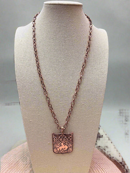 Western Rodeo Pendant Necklace (Brass color) - 22 inch + 3
